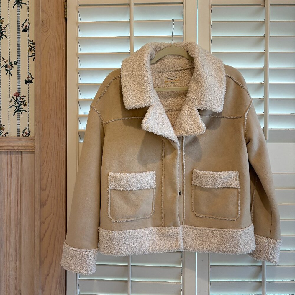 Marine Layer faux suede & faux shearling jacket in tortoise shell/cream